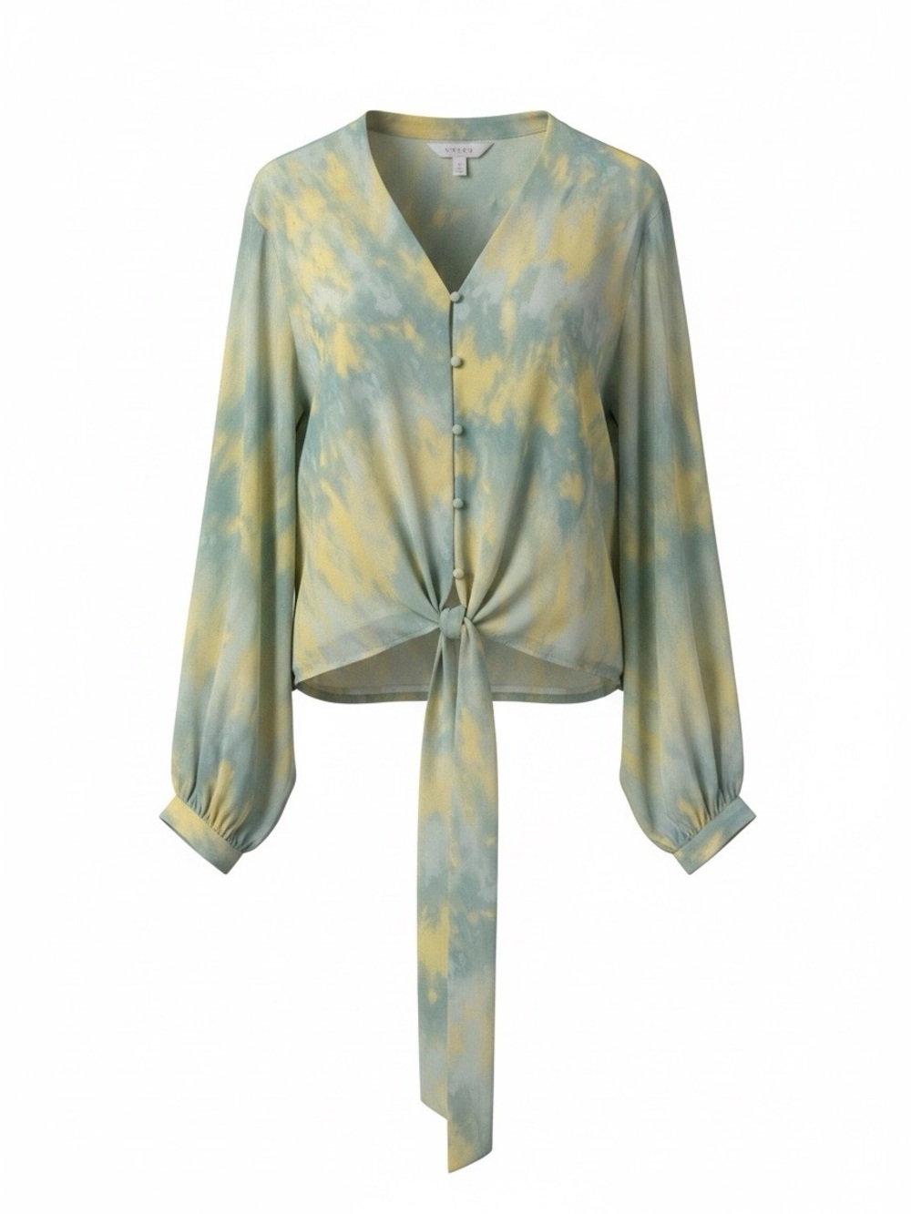 Vince Camuto Sage and Pale Yellow Tie-Front V-Neck Blouse